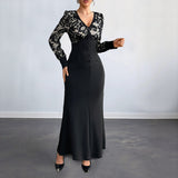 Sexy Retro Lace Splicing Long Sleeve V-neck Dress for Evening and Date - V.I.P Digital Presence