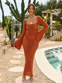Openwork Square Neck Flare Sleeve Cover-Up Dress - V.I.P Digital Presence