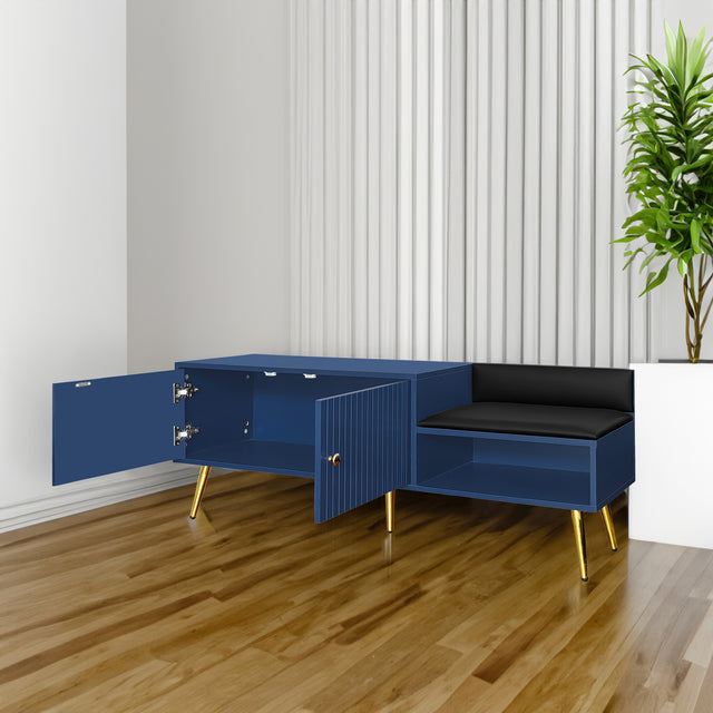 Modern Shoe Storage Bench with Hidden Storage and Upholstered Cushions for Bedside, Living Room and Entryway (Navy) - V.I.P Digital Presence
