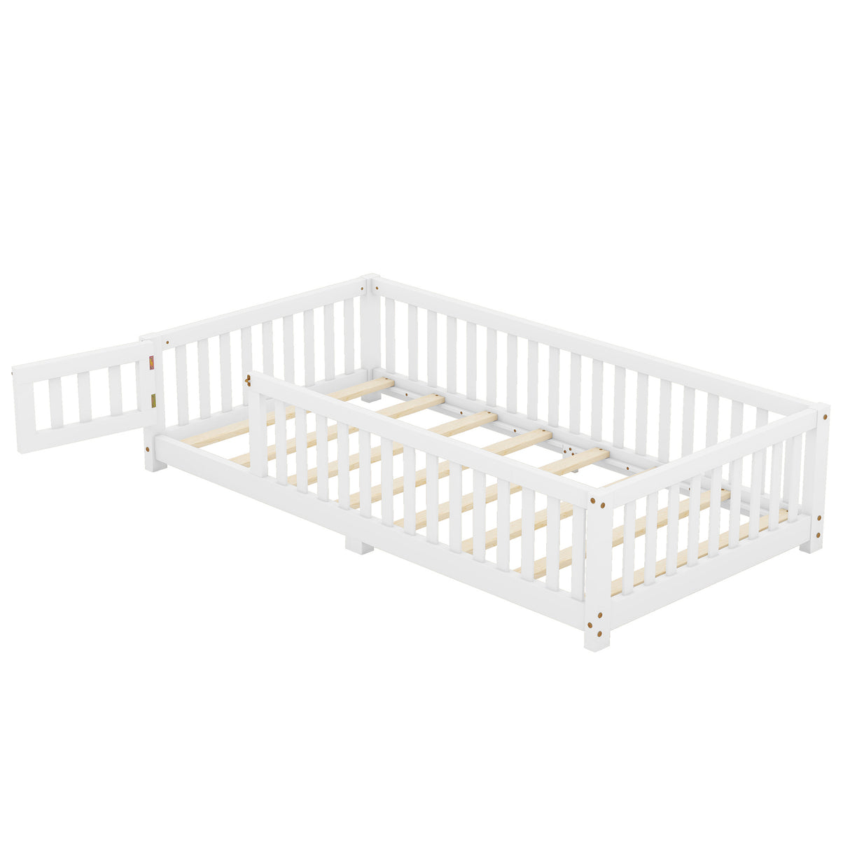 Twin Size Bed Floor Bed with Safety Guardrails and Door for Kids, White - V.I.P Digital Presence
