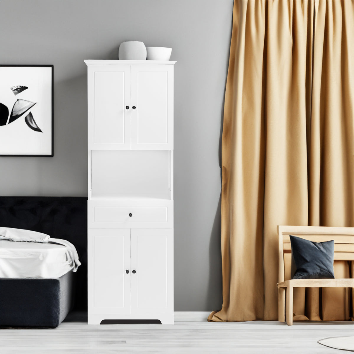 Tall Bathroom Cabinet with Four Doors, Large Storage Space Open Shelve, Upper Storage Cabinet, Whit - V.I.P Digital Presence