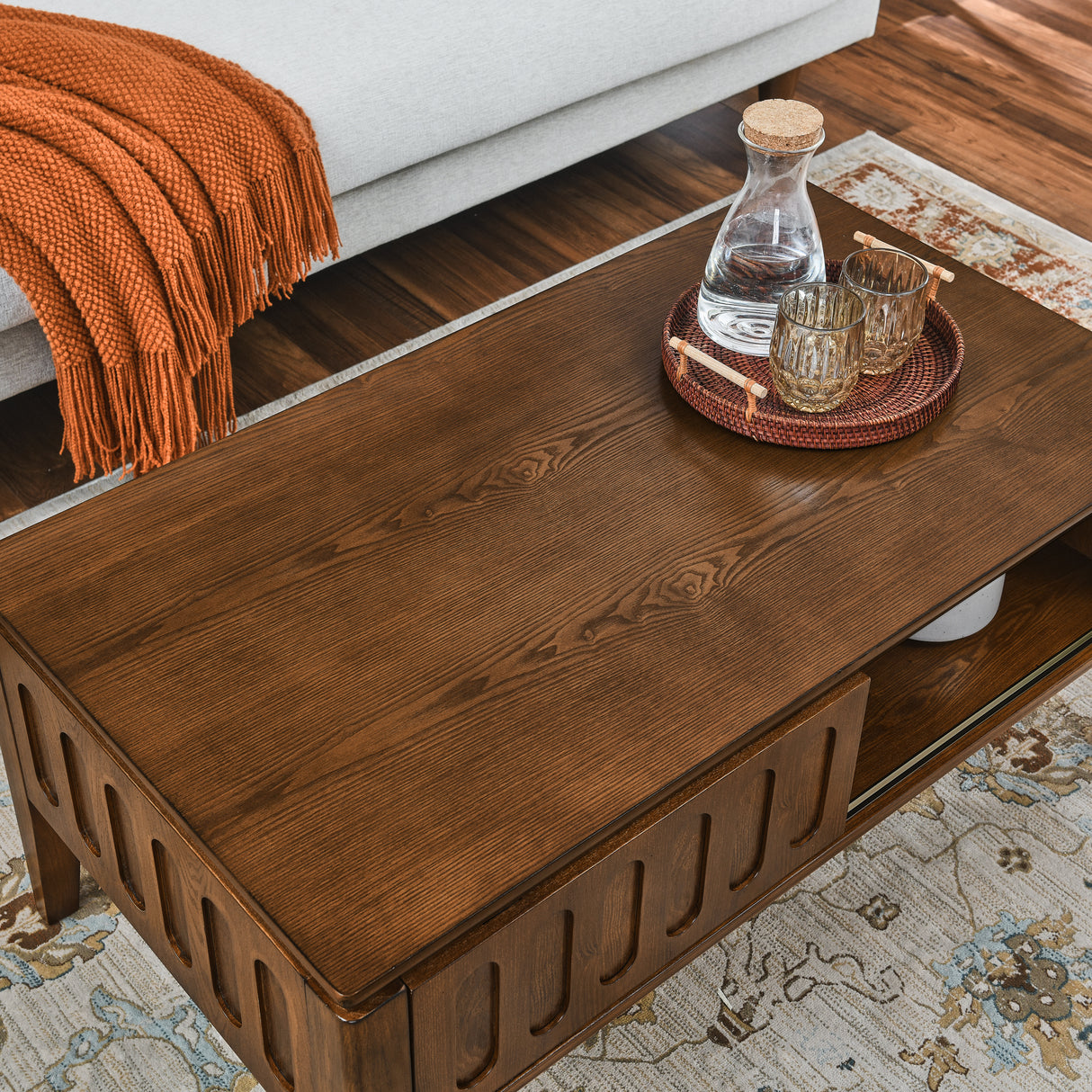 Medieval modern flute coffee table with storage sliding door and solid wood legs, vintage farmhouse wood central table - V.I.P Digital Presence