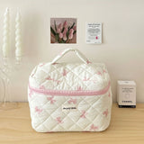 Cute Bow Flower Quilting Cotton Makeup Bag Women Zipper Cosmetic Organizer Female Cloth Handbag Portable Toiletry Case for Girls - V.I.P Digital Presence