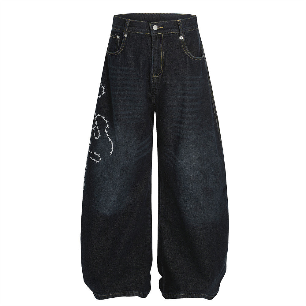 Streetwear High Street Letter Print Slash Denim Trousers Men's Work Pants Washed Vintage Loose Wide Leg Floor-Length Pants - V.I.P Digital Presence