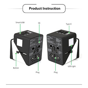2019 , 3 USB + 1 Typc C International Power Adapter for Europe, UK, China, Australia, Japan and More 200 Countries Black Green - V.I.P Digital Presence
