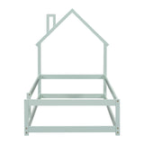 Twin Size Wood bed with House-shaped Headboard Floor bed with Fences,Light Green - V.I.P Digital Presence