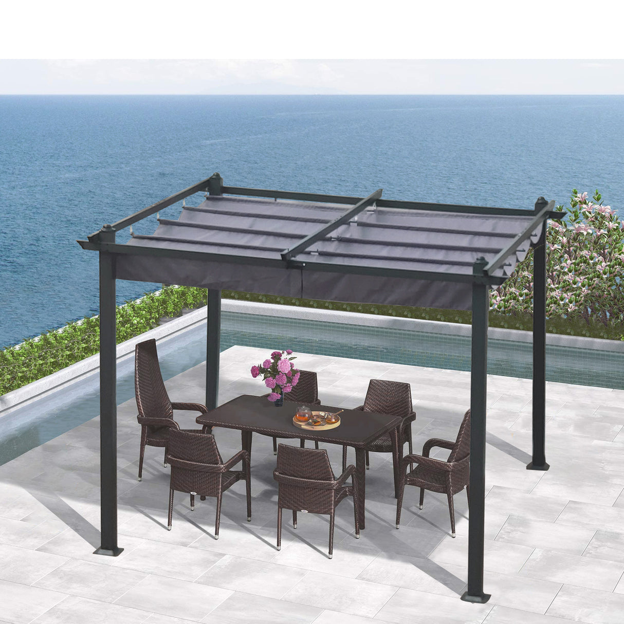 10x10 Ft Outdoor Patio Retractable Pergola With Canopy Sunshelter Pergola for Gardens,Terraces,Backyard,Gray - V.I.P Digital Presence
