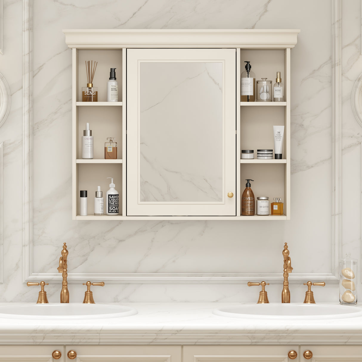 35'' x 28'' Blue Wall Mounted Bathroom Storage Cabinet with Mirror Door, Modern Bathroom Wall Cabinet with Mirror - V.I.P Digital Presence