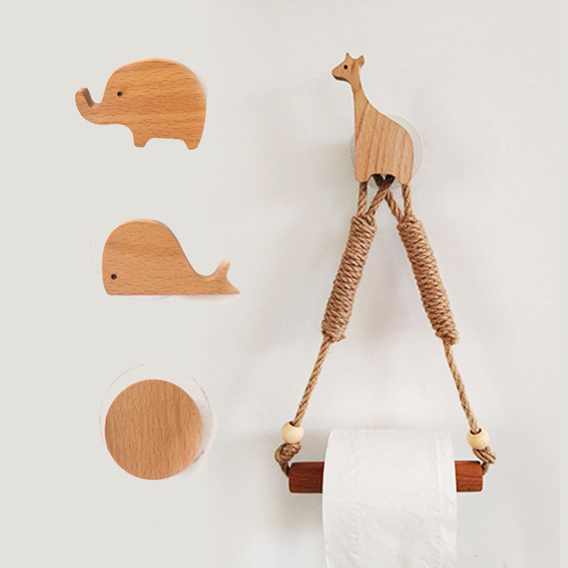 Nordic Indoor Wooden Solid Wood Hemp Rope Animal Tissue Holder Children's Room Decoration Wall Hanger Hemp Rope Hook Toilet Paper Holder - V.I.P Digital Presence