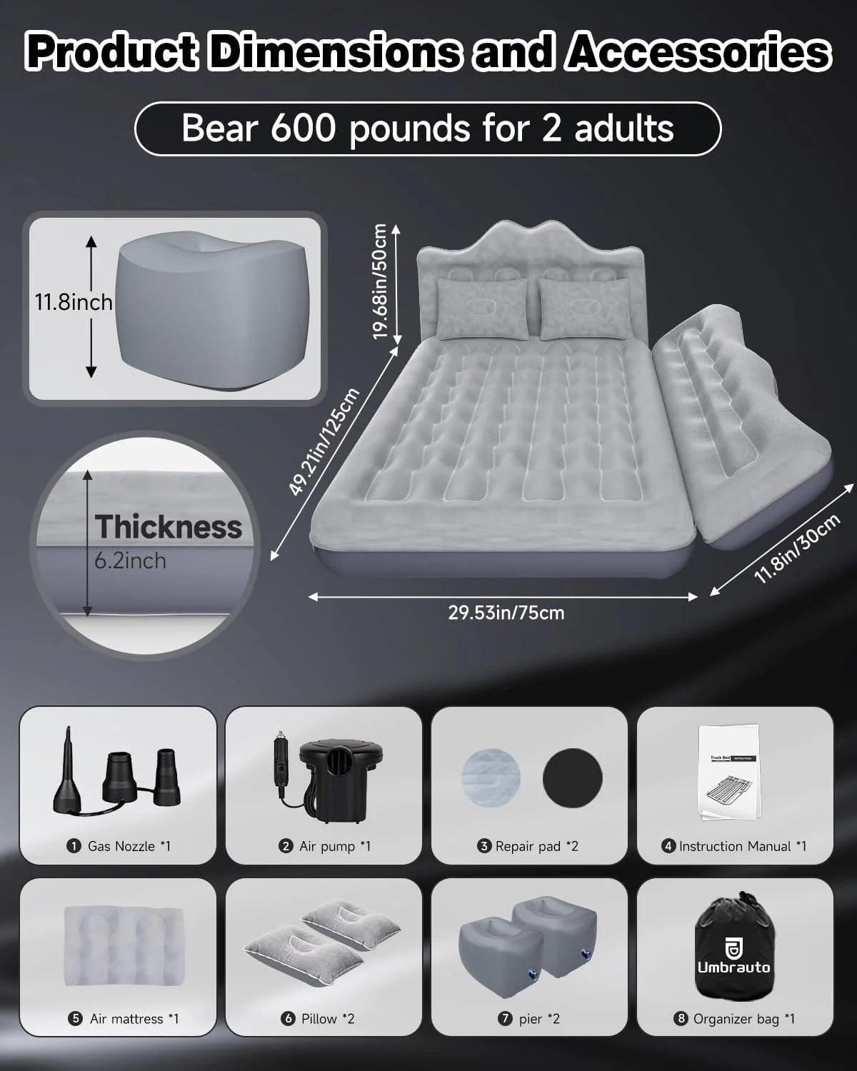 Umbrauto 29.53in/75cm Wide Car Air Mattress – Inflatable SUV, Truck & Van Back Seat Camping Bed with Pump & Pillows, Gray - V.I.P Digital Presence