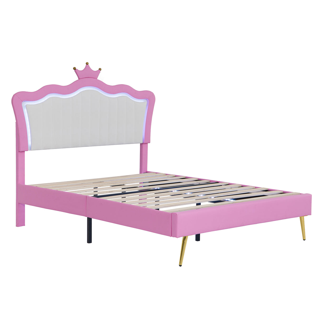 Full Size Upholstered Bed Frame with LED Lights, Modern Upholstered Princess Bed with Crown Headboard, Pink+White - V.I.P Digital Presence