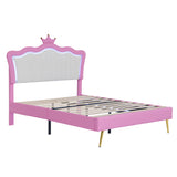 Full Size Upholstered Bed Frame with LED Lights, Modern Upholstered Princess Bed with Crown Headboard, Pink+White - V.I.P Digital Presence