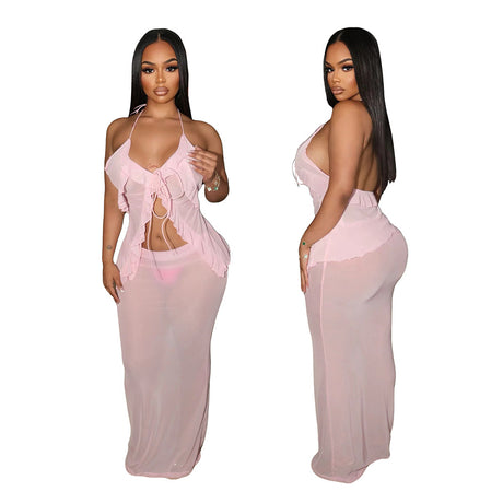 Sexy Transparent Set with Belted Sleeveless Cardigan and Fashionable Long Skirt Two-Piece Set for Women - V.I.P Digital Presence