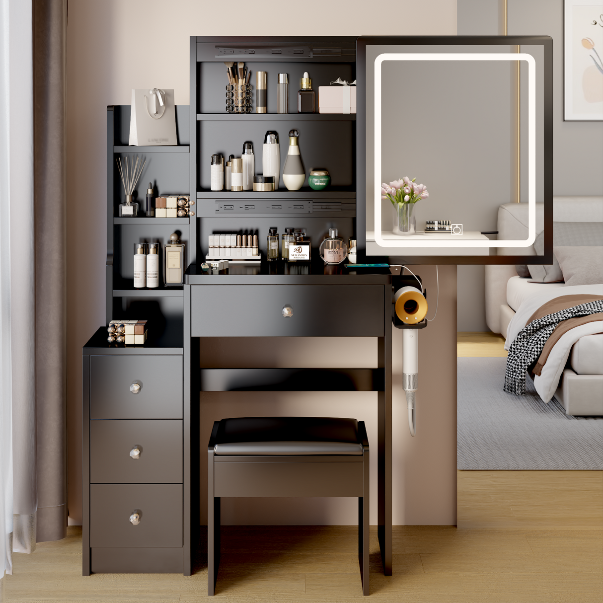 Dressing table+cushioned stool, 2 AC+2 USB power supplies, touch sliding LED mirror, tri color switch - V.I.P Digital Presence