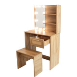 Vanity Desk Set Stool & Dressing Table with LED Lighting Mirror Drawer and Wood Cosmetic Table Chest of Drawers Nature Color - V.I.P Digital Presence
