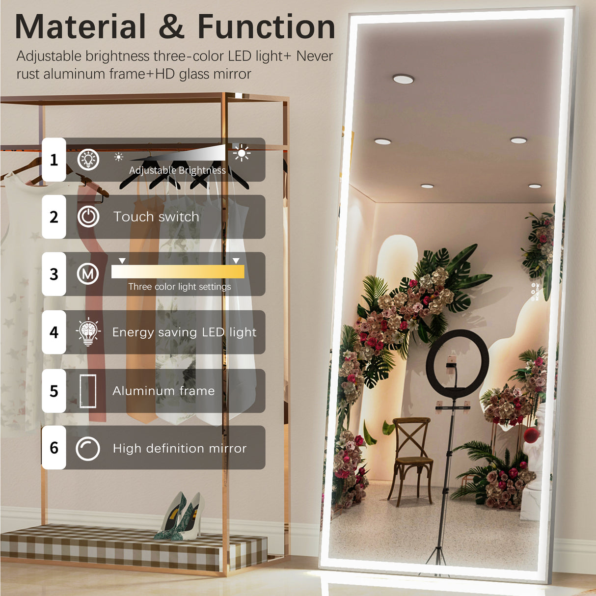 72X32 inch large LED bathroom mirror wall mounted mirror with 3 color modes, aluminum frame wall mounted light, full body mirror - V.I.P Digital Presence
