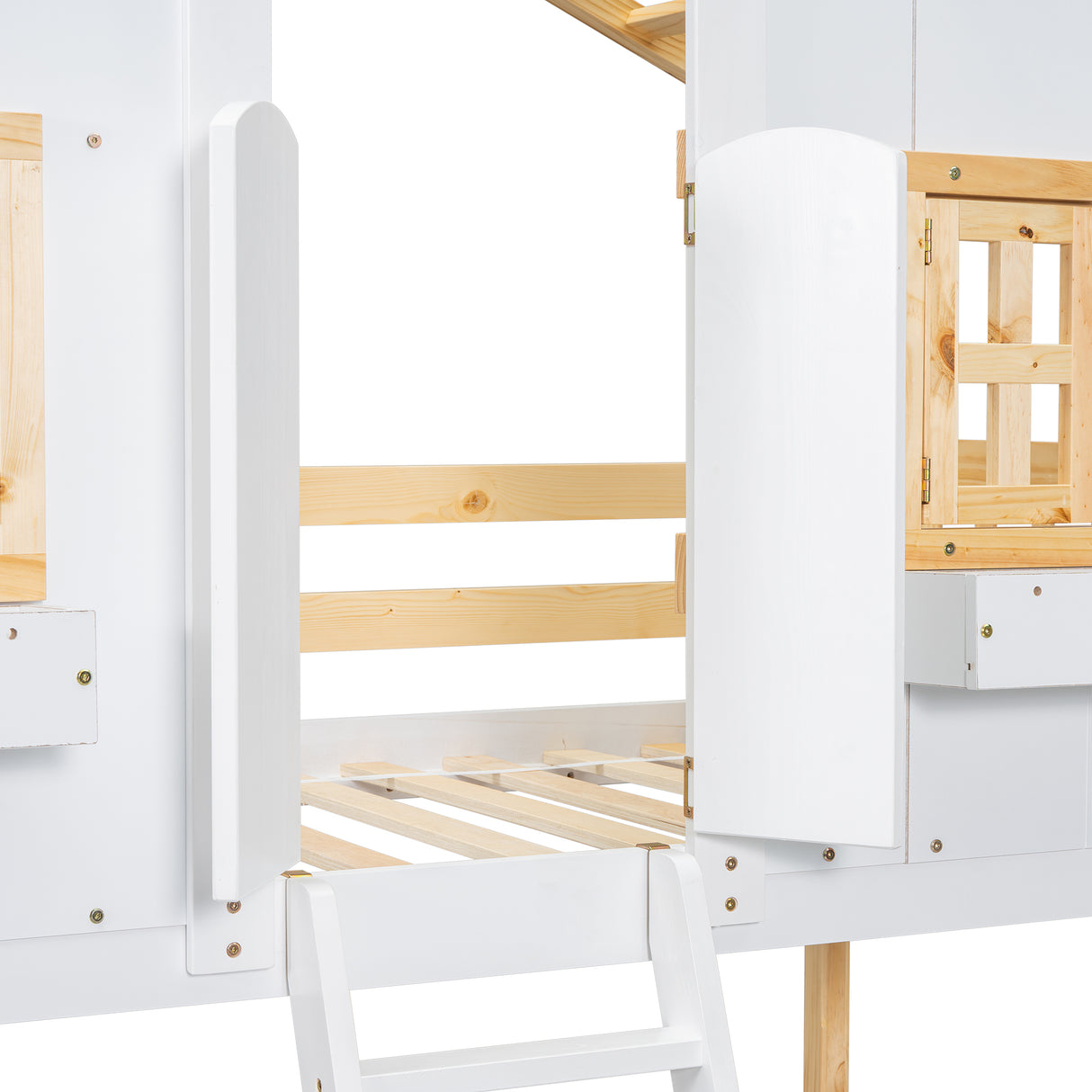 Twin over Twin House Bunk Bed with Roof , Window, Window Box, Door , with Safety Guardrails and Ladder, Natural/White - V.I.P Digital Presence