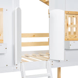 Twin over Twin House Bunk Bed with Roof , Window, Window Box, Door , with Safety Guardrails and Ladder, Natural/White - V.I.P Digital Presence