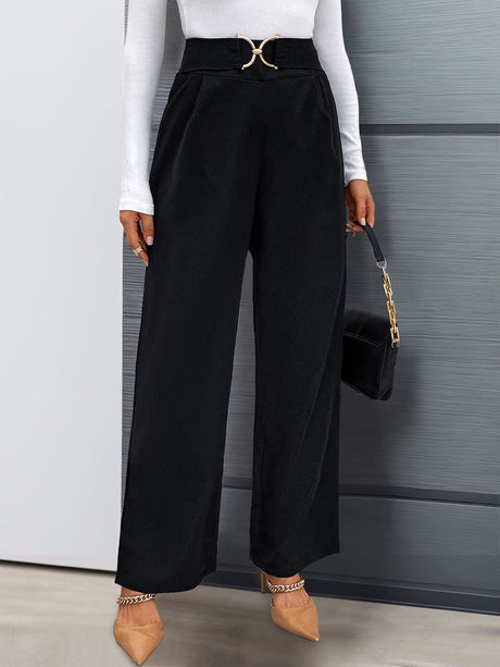Autumn women's solid color with buckle high waisted straight leg pants - V.I.P Digital Presence
