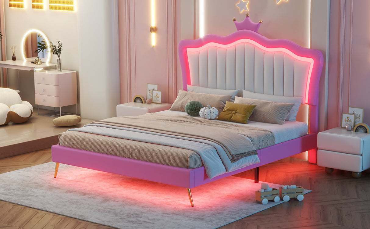 Full Size Upholstered Bed Frame with LED Lights, Modern Upholstered Princess Bed with Crown Headboard, Pink+White - V.I.P Digital Presence