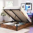 Elevating storage bed frame, full-size bed frame with bookshelf headboard and LED lights, with country brown color - V.I.P Digital Presence