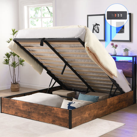 Elevating storage bed frame, full-size bed frame with bookshelf headboard and LED lights, with country brown color - V.I.P Digital Presence