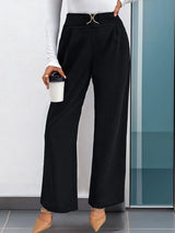 Autumn women's solid color with buckle high waisted straight leg pants - V.I.P Digital Presence
