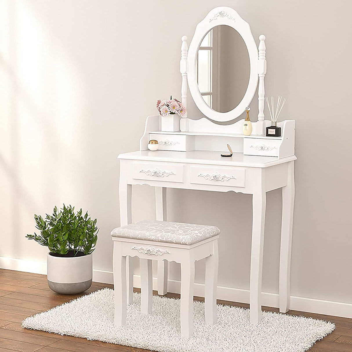 Vanity Table Set with 4 Drawer, Makeup Dressing Table w/Cushioned Stool, Girls Women Bedroom Furniture Set Oval Mirror - V.I.P Digital Presence