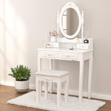 Vanity Table Set with 4 Drawer, Makeup Dressing Table w/Cushioned Stool, Girls Women Bedroom Furniture Set Oval Mirror - V.I.P Digital Presence