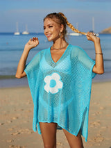 Openwork Flower V-Neck Short Sleeve Cover Up - V.I.P Digital Presence