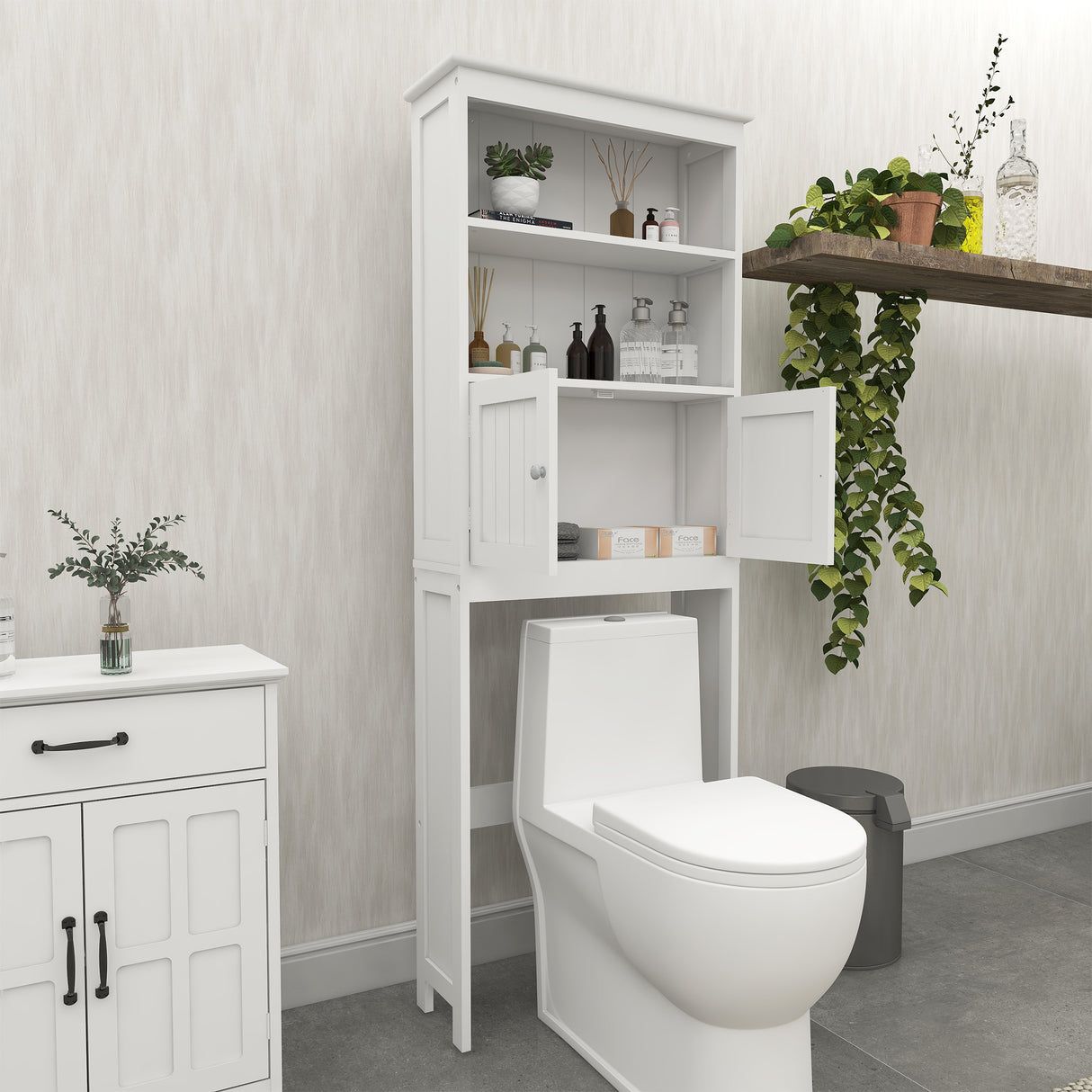 Over The Toilet Rack 2 -Tier Toilet Bathroom Spacesaver Storage Shelf with 2 Doors Wood Storage Organizer Cabinet - V.I.P Digital Presence
