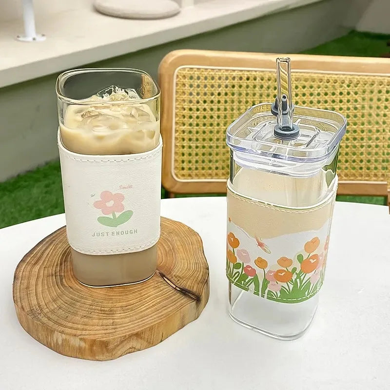 Shaped glass water cup with lid transparent and simple flat bottom heated cup - V.I.P Digital Presence