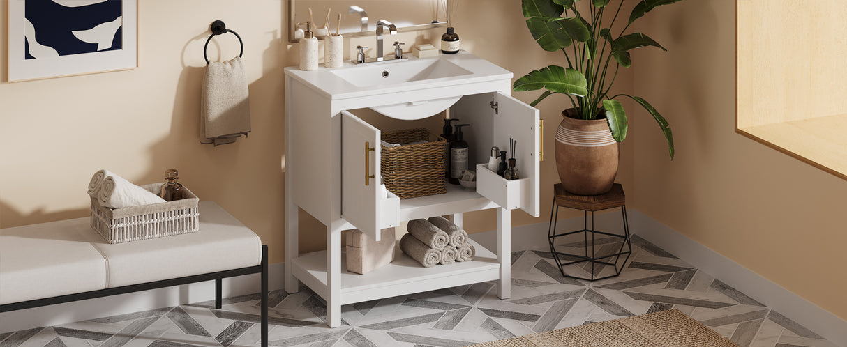 30-Inch White Bathroom Vanity with Ceramic Sink and Versatile Storage - Ideal for Small Bathrooms - V.I.P Digital Presence