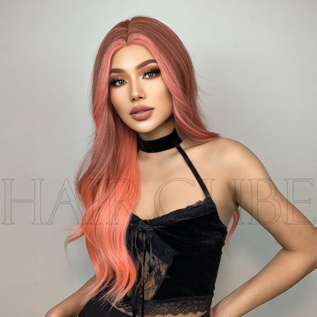 Long Curly Hair 24inch Women's Wig Set In The Middle Part Orange Pink - V.I.P Digital Presence