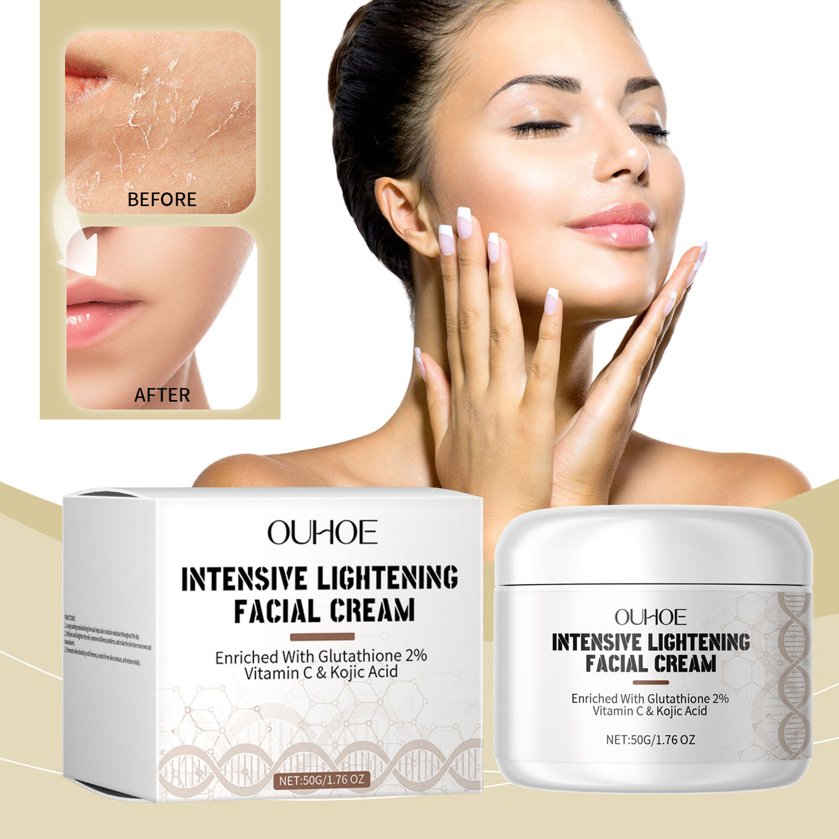 Crema hidratante facial, iluminadora, reafirmante, suavizante y nutritiva para la piel del rostro.