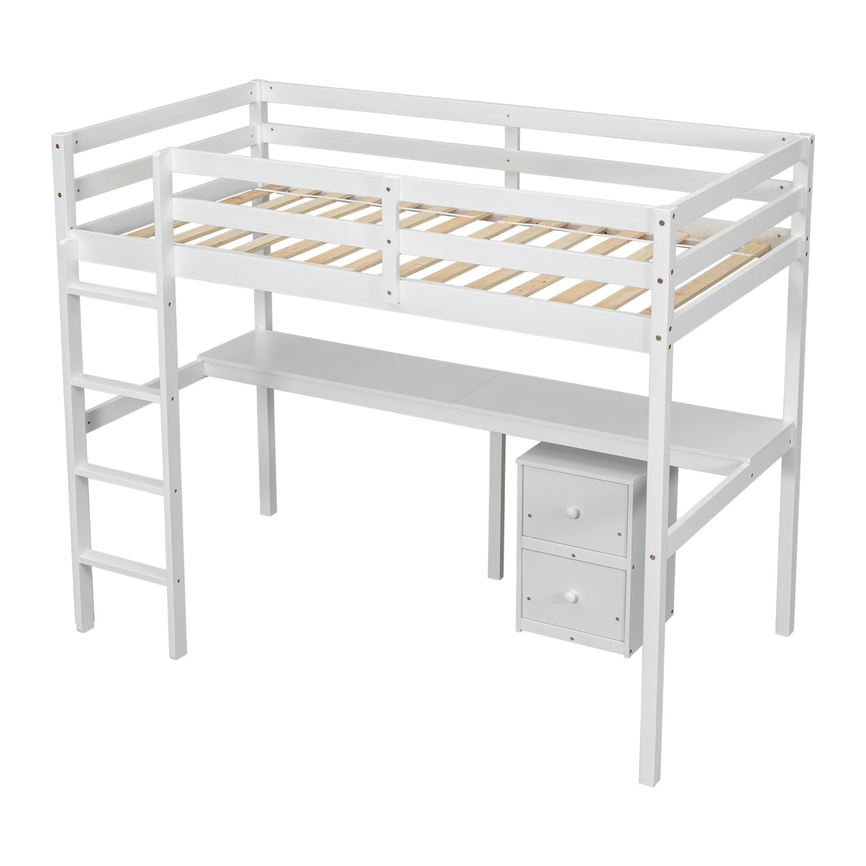 Twin Loft Wood Bed with Under-bed, Built-in Desk, a Storage Cabinet of 2 Drawers, Guardrails, Ladder,White - V.I.P Digital Presence