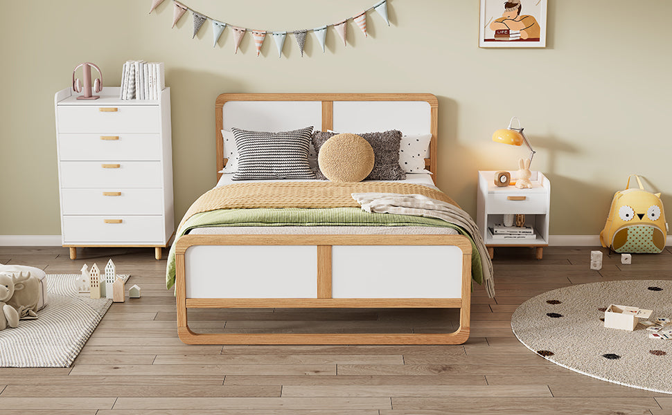 Modern Style Queen Size Solid Wood Platform Bed for Kids, Teens, Adults, No Need Box Spring, Walnut and White - V.I.P Digital Presence