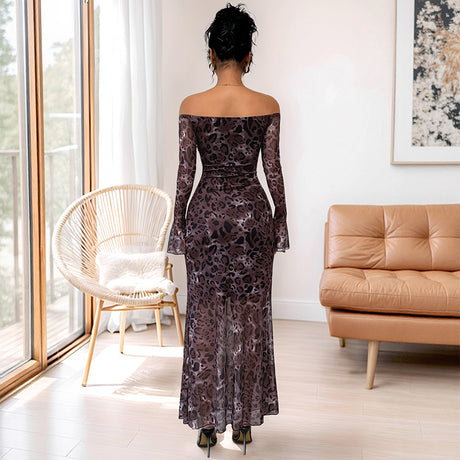 One-Shoulder Long Sleeve Mesh Leopard Print Dress for Women - V.I.P Digital Presence