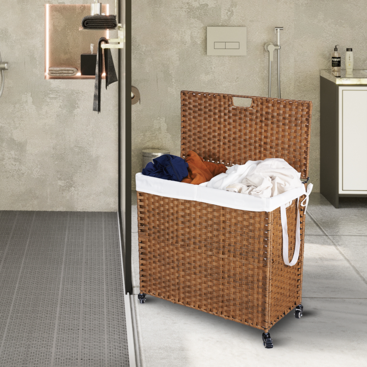 Laundry Hamper With Lid PE Rattan Powder Coating Frame Clothes Hampers with 02 Removable Bags, Wheels, 160L, Brown Color - V.I.P Digital Presence