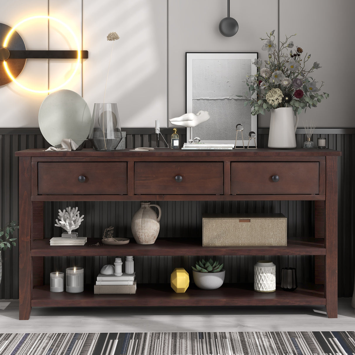 Retro Design Console Table with Two Open Shelves, Pine Solid Wood Frame and Legs for Living Room (Espresso) - V.I.P Digital Presence