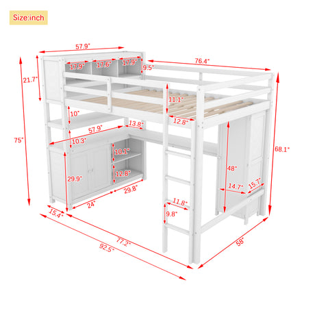 Wood Loft Bed with Cabinet and Bookshelf, Full Size Loft with Wardrobe and Desk for Kids,White - V.I.P Digital Presence