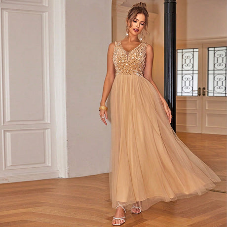 ElegantStyle Sexy Sleeveless Women's Shiny Mesh Splicing Swing Dress - V.I.P Digital Presence