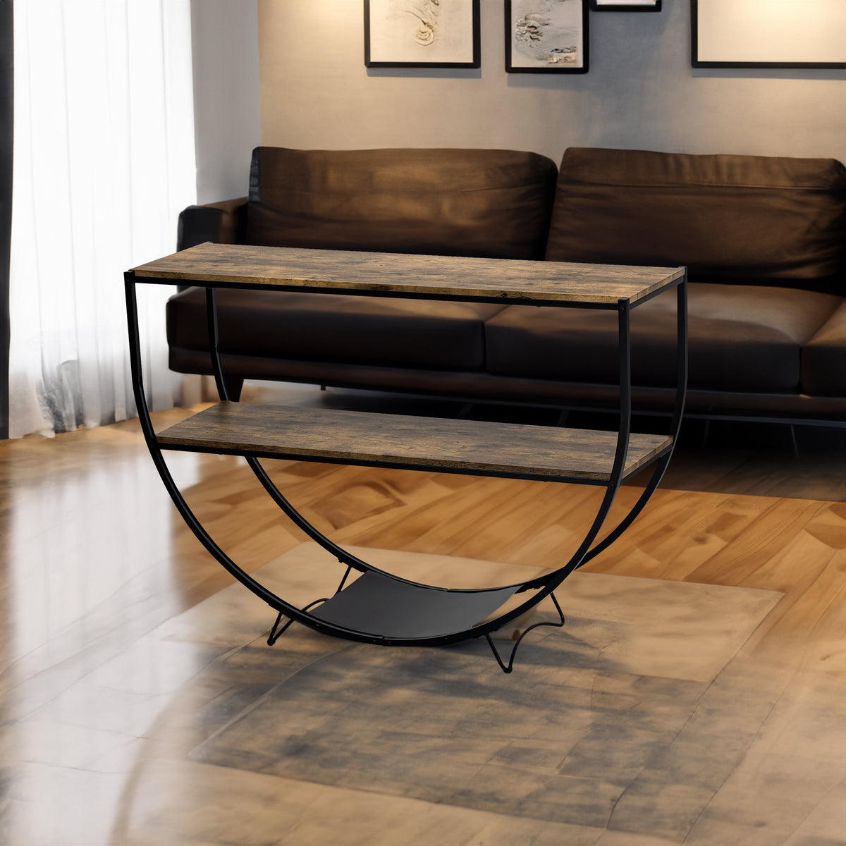 TREXM Rustic Industrial Design Demilune Shape Textured Metal Distressed Wood Console Table (Distressed Brown) - V.I.P Digital Presence