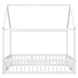 Full Size Wood House Bed with Fence and Door White Wash