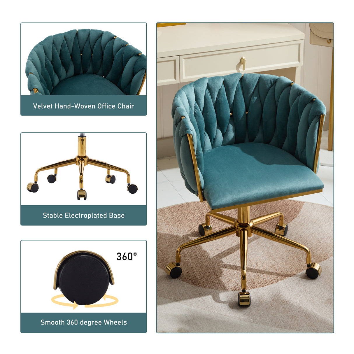 Accent Chair Makeup Chair with Hand Woven Backrest, Modern 360° Swivel Home Office Desk Chair for Study (GREEN) - V.I.P Digital Presence