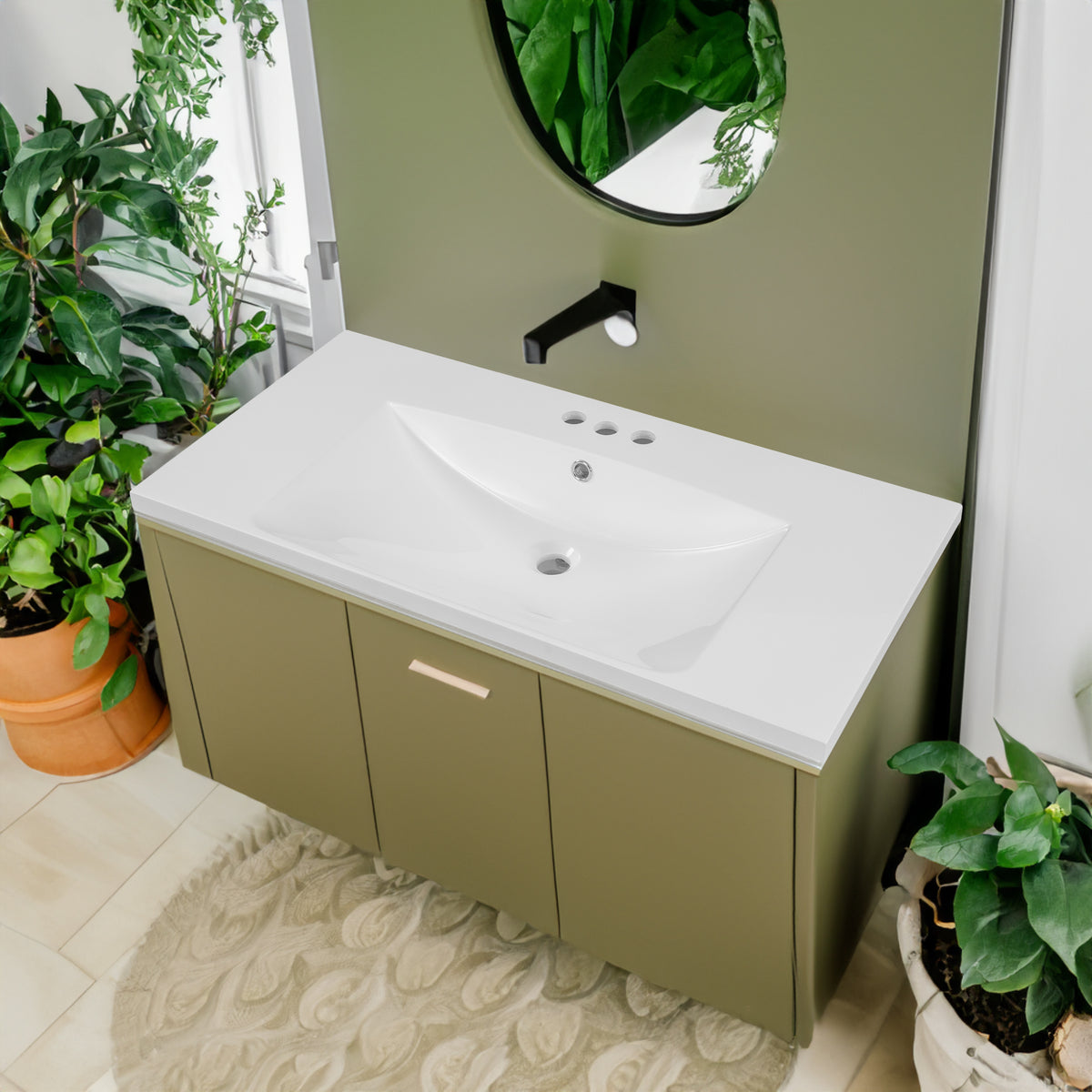 36" Single Bathroom Vanity Top with White Basin, 3-Faucet Holes, Ceramic, White - V.I.P Digital Presence