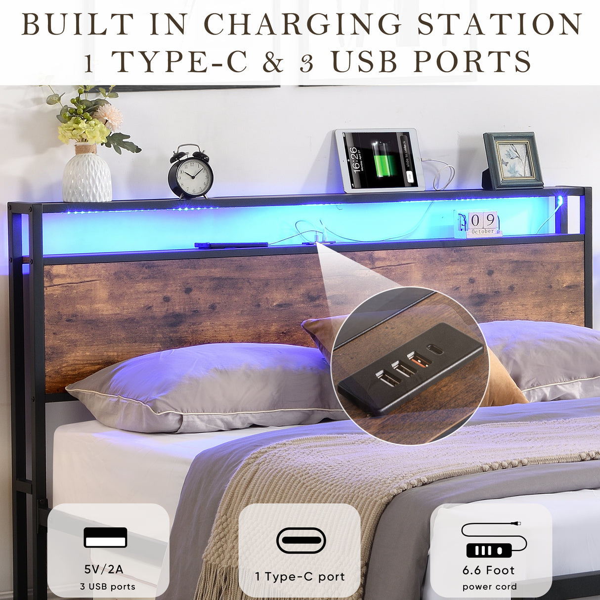Full size bedstead with storage headboard and 2 drawers, LED light bed with charging station, metal Flat noodles support - V.I.P Digital Presence
