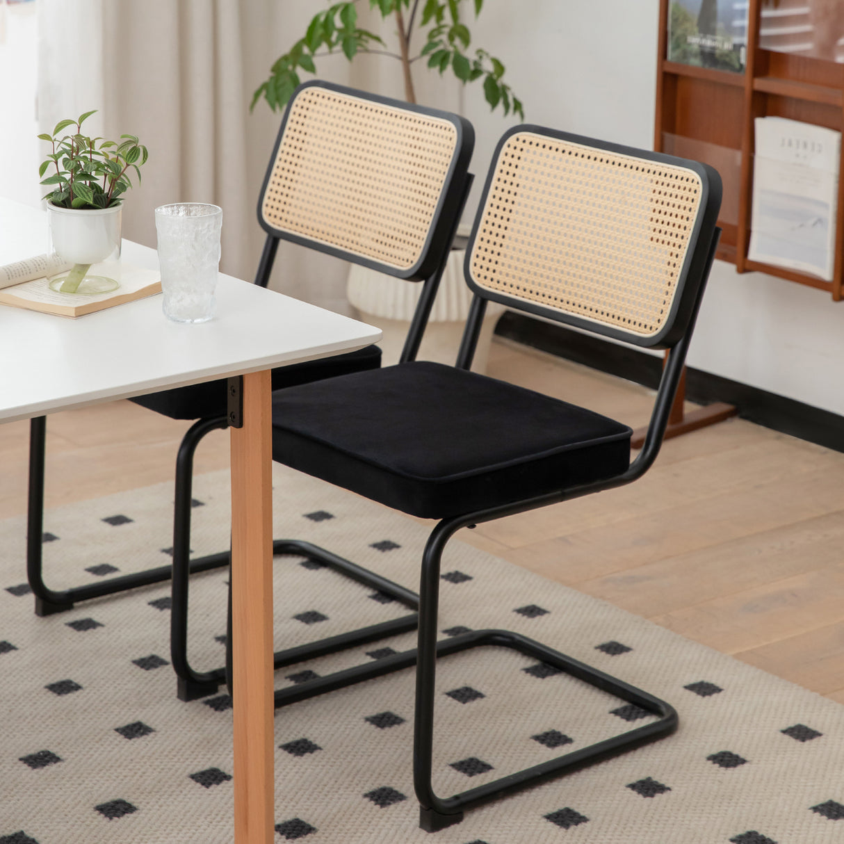 Dining Chairs Set of 2 velvet wicker side decorative chairs, black painted legs, modern medieval Bruell designed chairs, - V.I.P Digital Presence