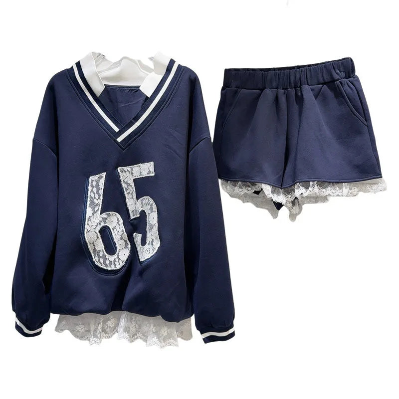 Autumn New Fashion Women's Set V-neck Digital Pattern Embroidered Hoodie Elastic Waist Lace Edge Shorts - V.I.P Digital Presence