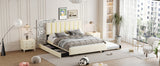 Queen Size Upholstered Platform Bed with 2 Drawers and 1 Trundle, Classic Metal Strip Headboard Design, Beige - V.I.P Digital Presence